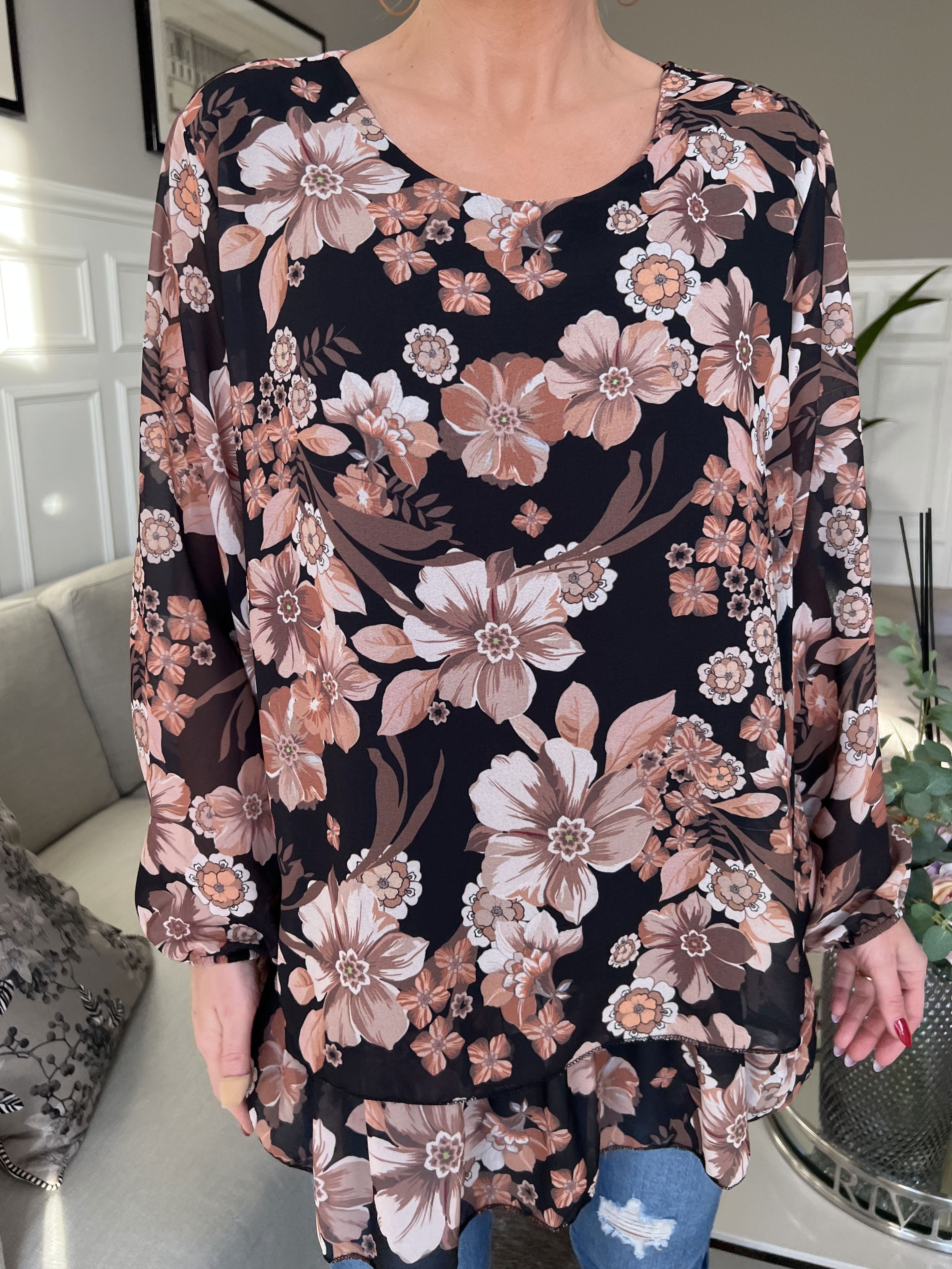 Wicky - Sød tunika i chiffon med blomstermotiver